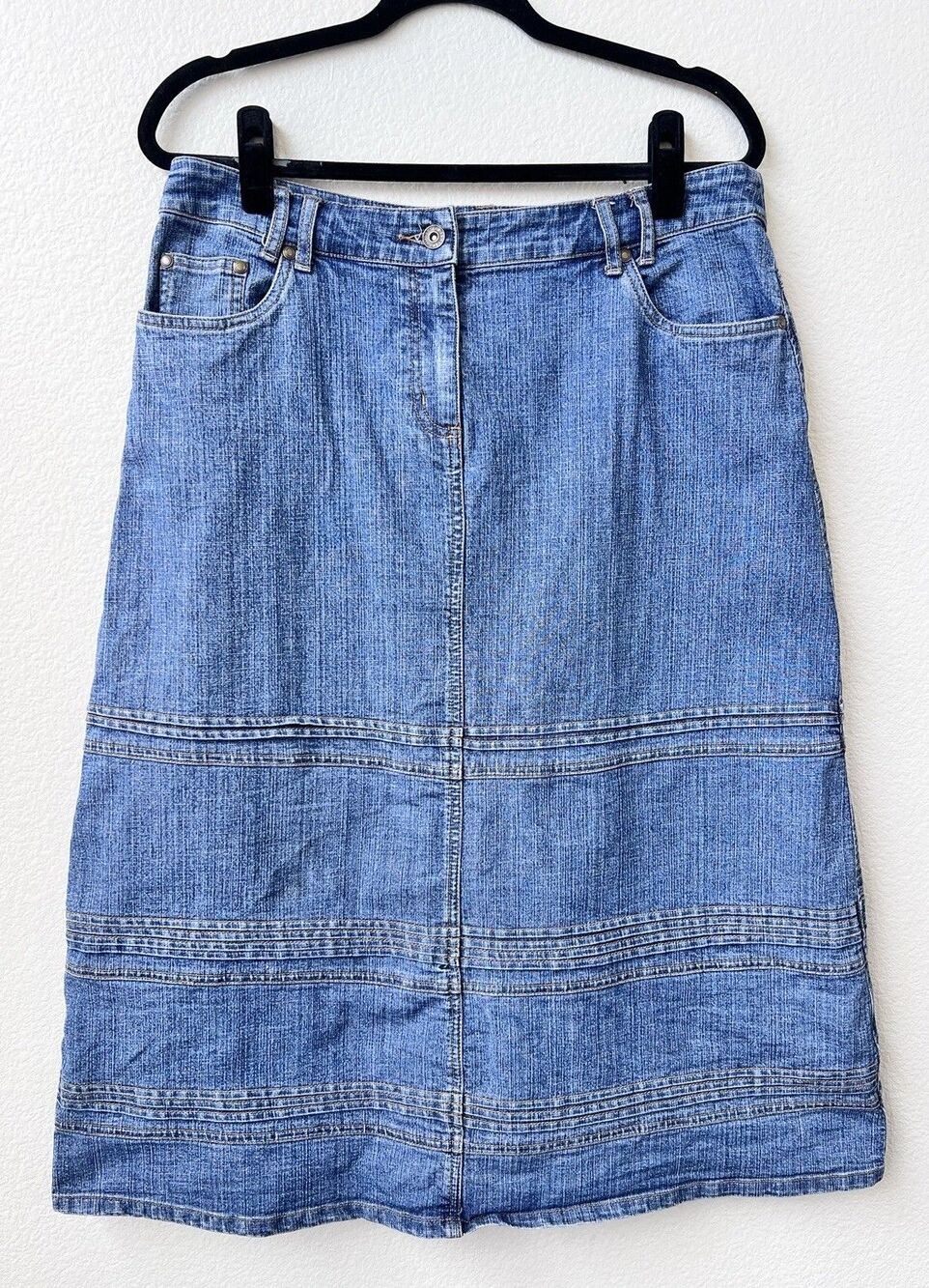 Christopher & Banks Denim Jean Stretch Skirt Sz 10 Medium Wash Midi Modest